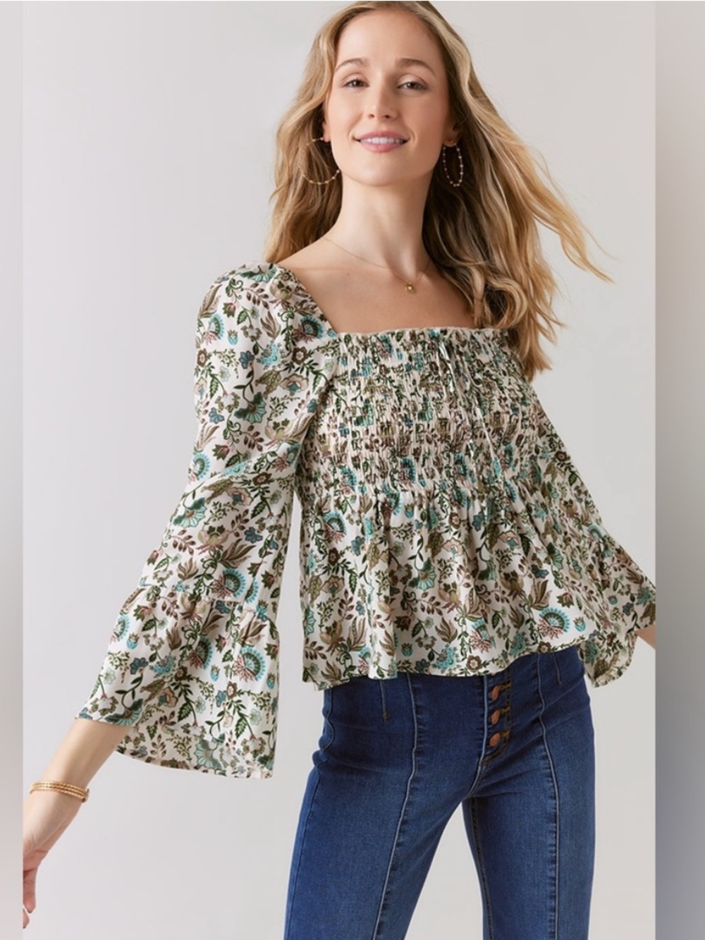 Francesca’s Closet Cream Floral Smocked Peasant Blouse Boutique